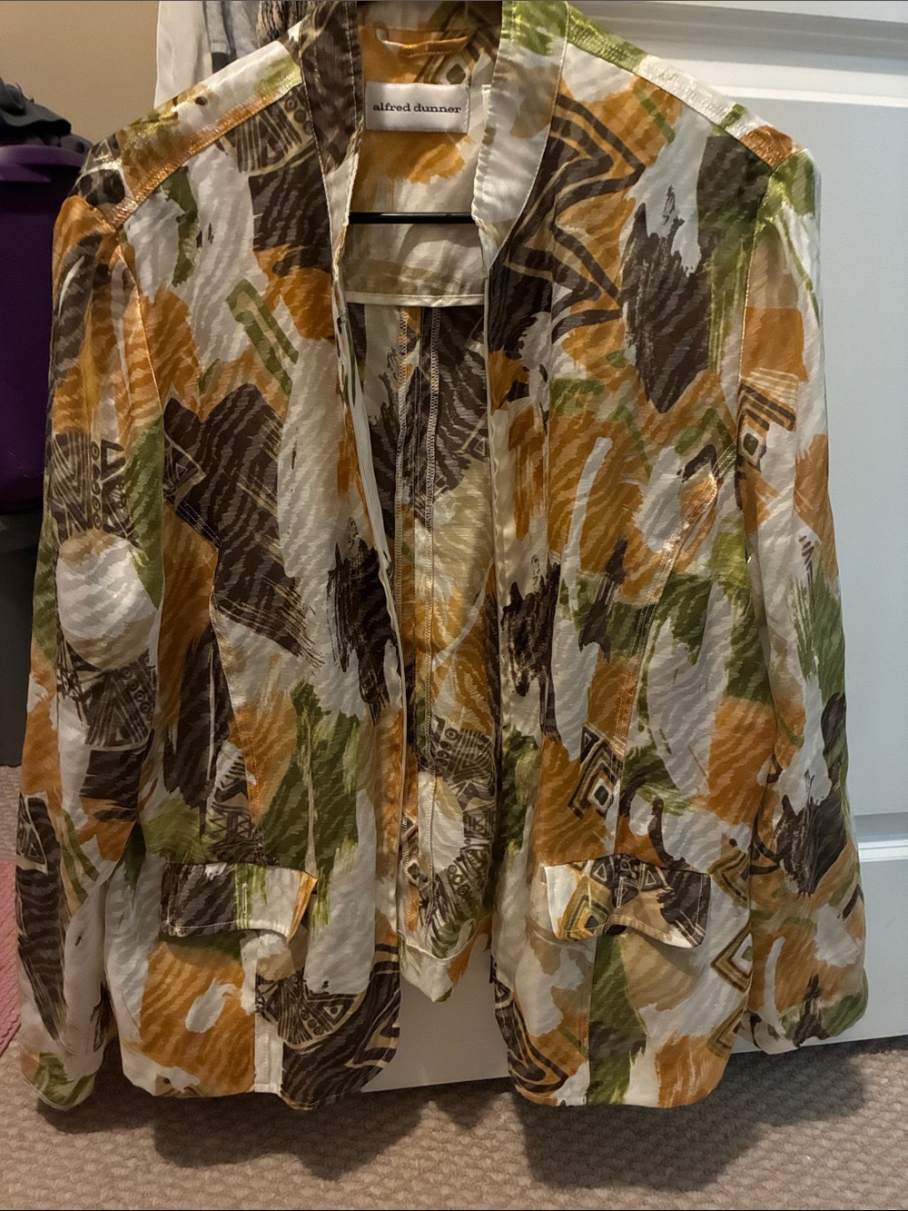 Alfred Dunner Multicolor Open-Front Blazer in Green Brown Gold Print